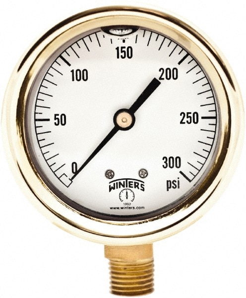 Pressure Gauge: 2-1/2" Dial, 1/4" Thread, NPT, Bottom Mount