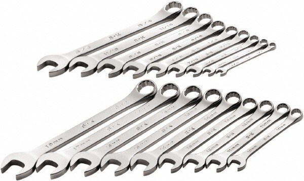 Combination Wrench Set: 18 Pc, 1/4 to 3/4" Wrench, Inch & Metric