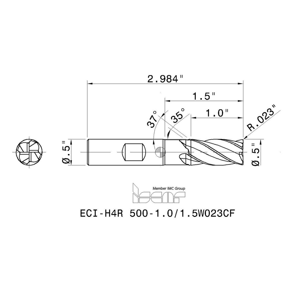 Iscar Corner Radius End Mill 1/2" Dia, 1" LOC, 0.0230" Radius, 4