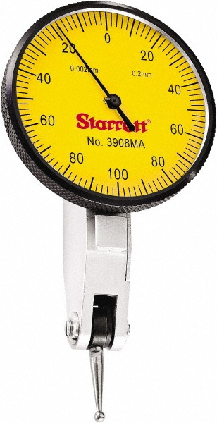 Horizontal Dial Test Indicator: 0.20 mm Max, 0-100-0 Dial Reading - Series 3908, 1-9/16" Dia, Yellow Dial, 0.0020 Dial, 4.00 mm Ball