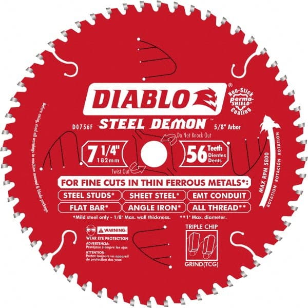 DIABLO D0756F Wet & Dry Cut Saw Blade: 7-1/4" Dia, 5/8" Arbor Hole, 0.102" Kerf Width, 56 Teeth 