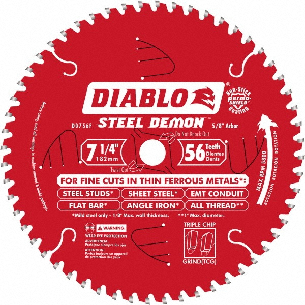 Wet & Dry Cut Saw Blade: 7-1/4" Dia, 5/8" Arbor Hole, 0.102" Kerf Width, 56 Teeth - Use on Ferrous Metal, Round Arbor