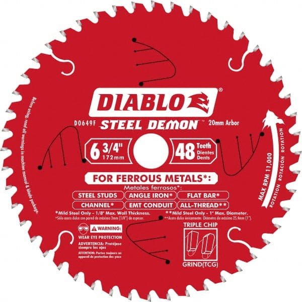 DIABLO D0649F Wet & Dry Cut Saw Blade: 6-3/4" Dia, 20" Arbor Hole, 0.071" Kerf Width, 48 Teeth 