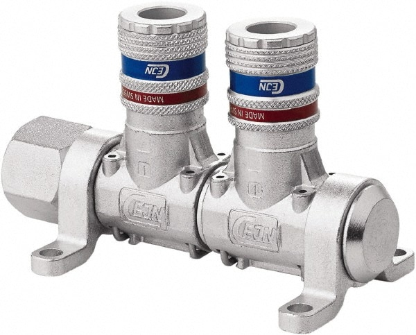 CEJN 19-902-9102-NPT Manifold: 1/2" Inlet, 1/4" Outlet, 1 Inlet Port, 2 Outlet Ports, 4.4" OAL, 2.28" OAW, 2.7" OAH Image