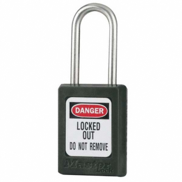 Master Lock Lockout Padlock: Keyed Different, Thermoplastic, Steel Shackle, Black - 1/5" Shackle Dia, 1-7/8" Body Height, Non-Conductive, 6 Pins
