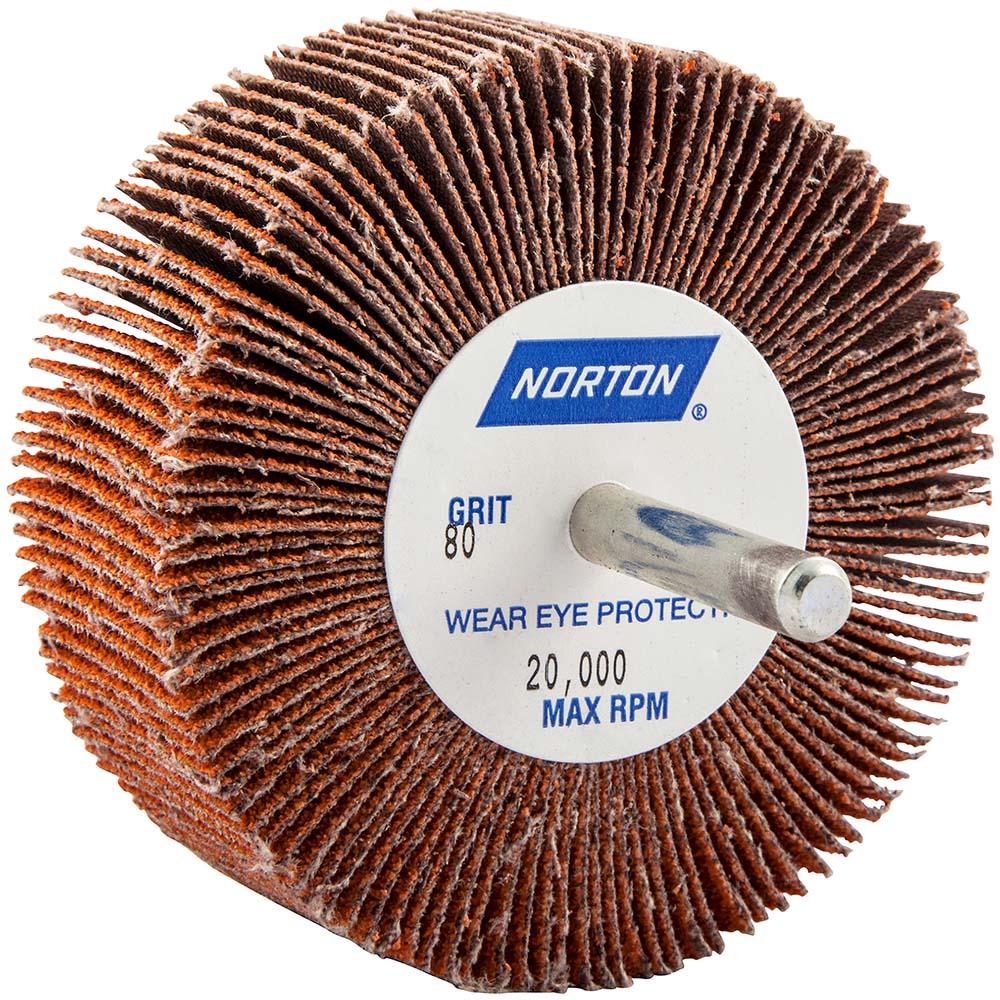 Norton Mounted Flap Wheel 3" Dia, 1" Face Width, 80 Grit, Ceramic