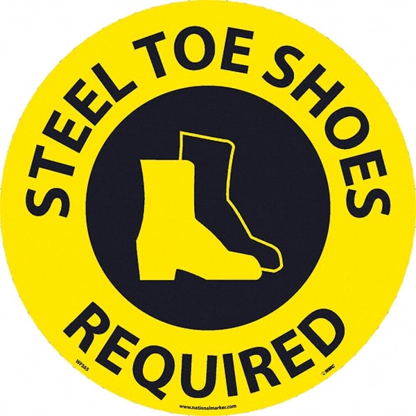Janitorial & Housekeeping & Restroom Adhesive Backed Floor Sign: Round, Vinyl, ''STEEL TOE SHOES REQUIRED''
