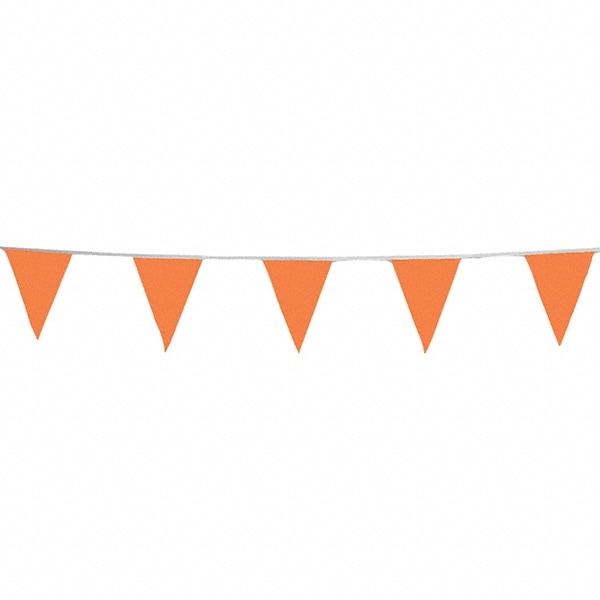 Pennants; Color: Orange ; Overall Length (Feet): 60.00 ; Pennant Length (Inch): 18 ; Pennant Width (Inch): 12 ; Material: Vinyl ; Tensile Strength (Lb./Inch): 107