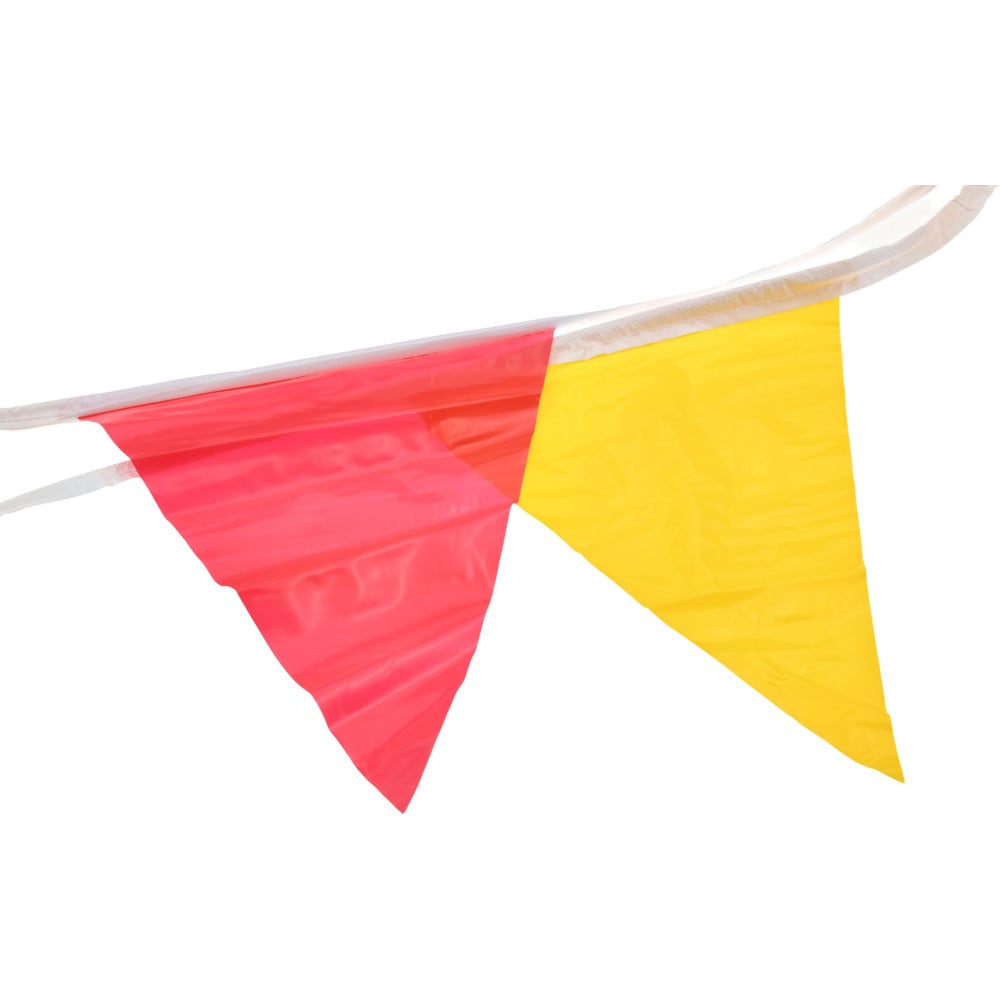 Pennants; Color: Red/Yellow ; Overall Length (Feet): 105.00 ; Pennant Length (Inch): 18 ; Pennant Width (Inch): 12 ; Material: Vinyl ; Tensile Strength (Lb./Inch): 107