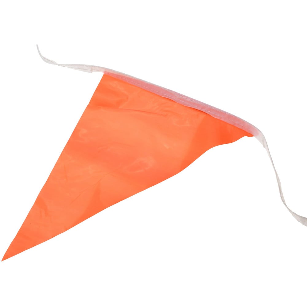 Pennants; Color: Orange ; Overall Length (Feet): 100.00 ; Pennant Length (Inch): 18 ; Pennant Width (Inch): 12 ; Material: Vinyl ; Tensile Strength (Lb./Inch): 107