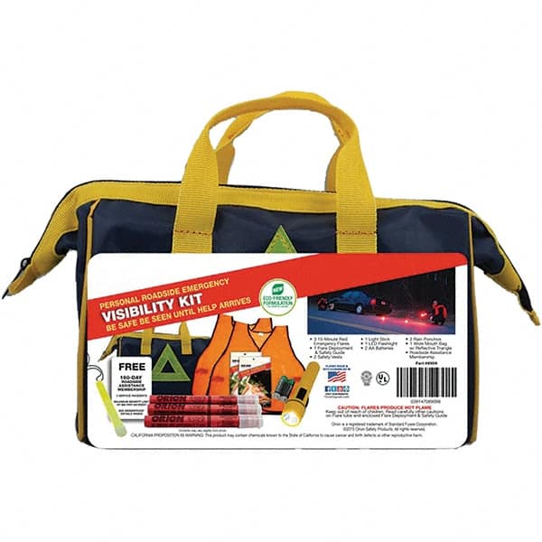 PRO-SAFE 95-07-62 Highway Safety Kits; Includes: (2) AA Batteries;(2) Bright Safety Vests;(2) Carrying Cases;(2) Rain Ponchos;(3) 15 Minute Red Emergency Flares;Flare Deployment & Safety Guide;LED Flashlight;Light Stick;Roadside Assistance Membership;Wide Mouth Bag W/Refle 