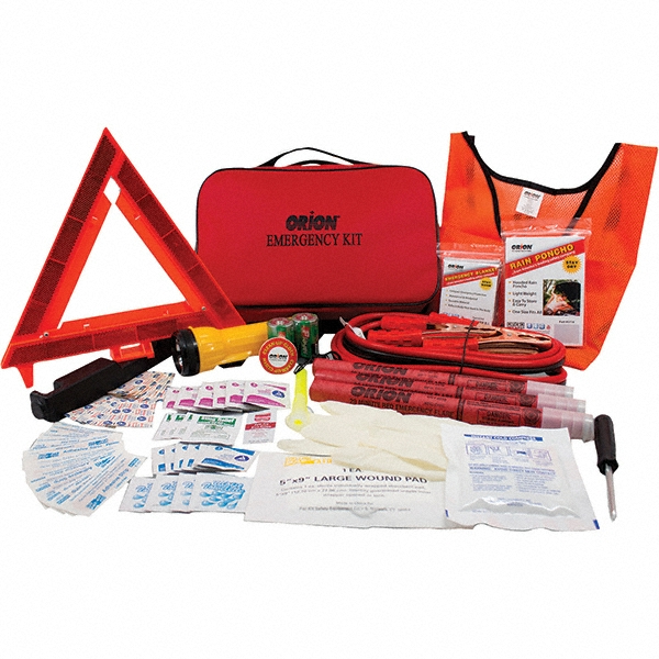 1 1-Piece Emergency Roadside Kit - Contains (2) Carrying Cases, (3) 20-minute Flares, Batteries, Bright Safety Vest, Combination Tool, Emergency Blanket, First Aid Products, Flashlight, Light Stick, Premium Jumper Cab (8’ 10 Gauge), Rain Poncho, Reflective Triangle & Shop Cloth