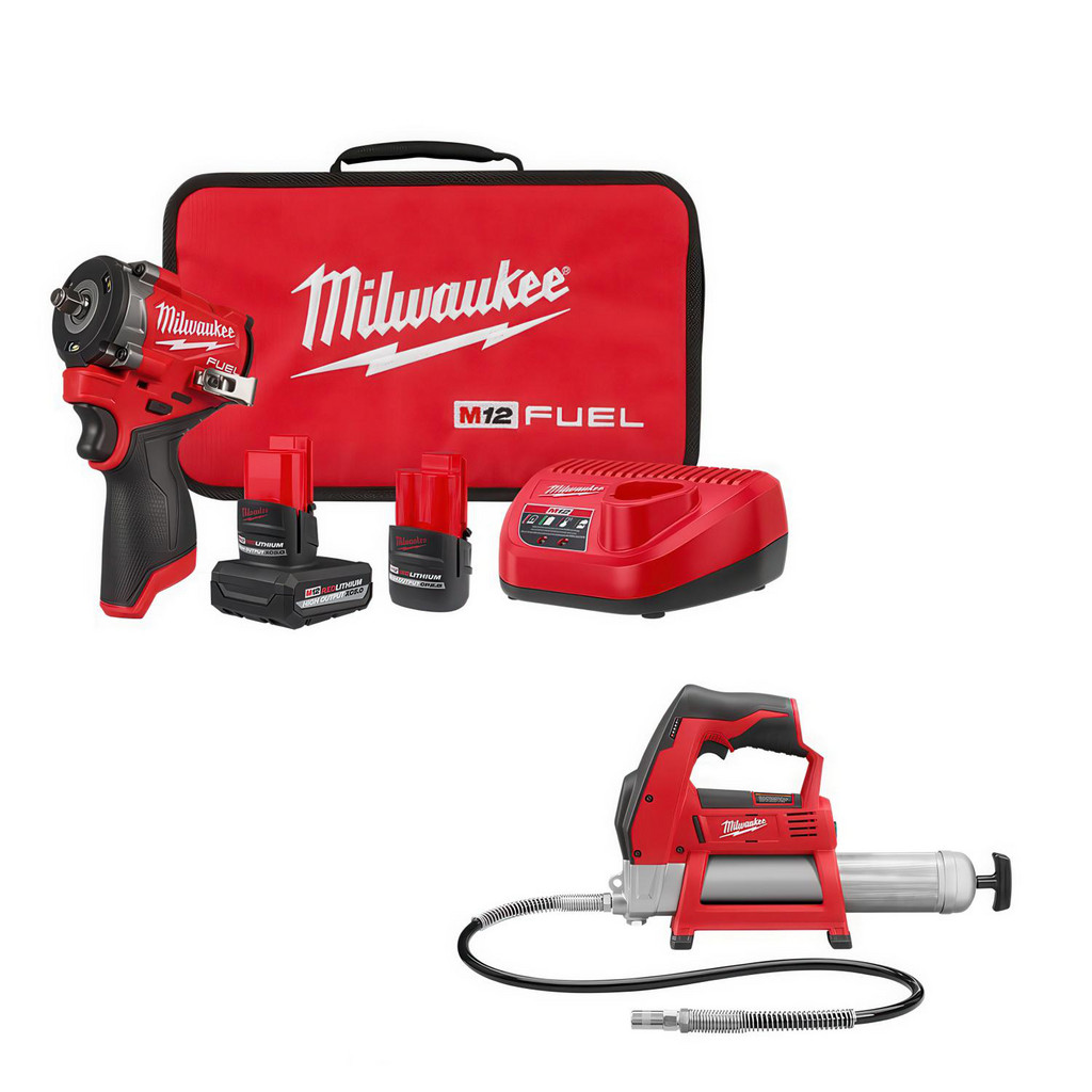 Milwaukee Tool | Milwaukee M12™ FUEL™ Stubby 3/8" Impact Wrench Kit - 2562-22 - BONUS M12™ Cordless Grease Gun (Bare Tool) - 2446-20 |