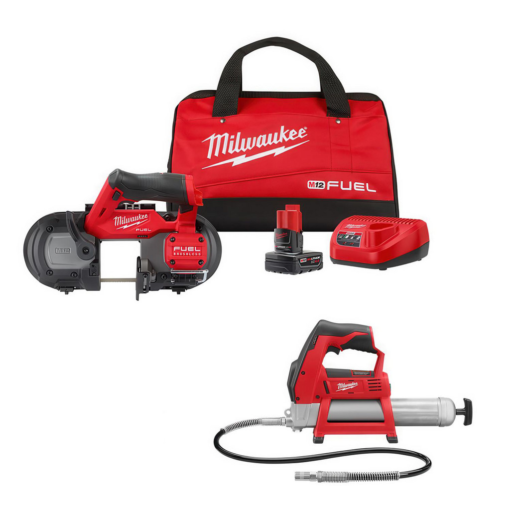 Milwaukee Tool | Milwaukee M12™ FUEL™ 2-1/2" Compact Band Saw Kit - ​2529-21XC - BONUS M12™ Cordless Grease Gun (Bare Tool) - ​2446-20 |