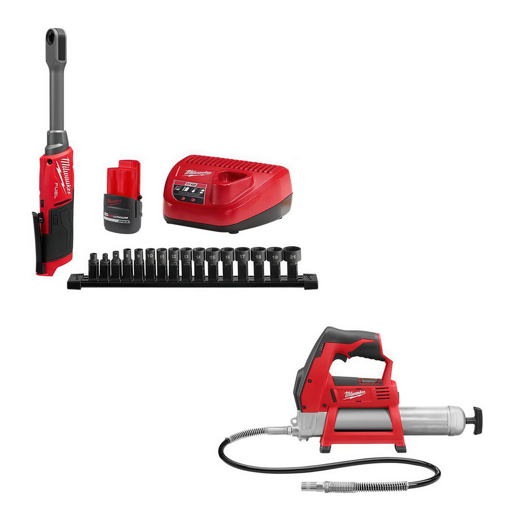 Milwaukee Tool | Milwaukee M12™ FUEL™ INSIDER™ Extended Reach Box Ratchet Kit - 3050-21 - BONUS M12™ Cordless Grease Gun (Bare Tool) - 2446-20