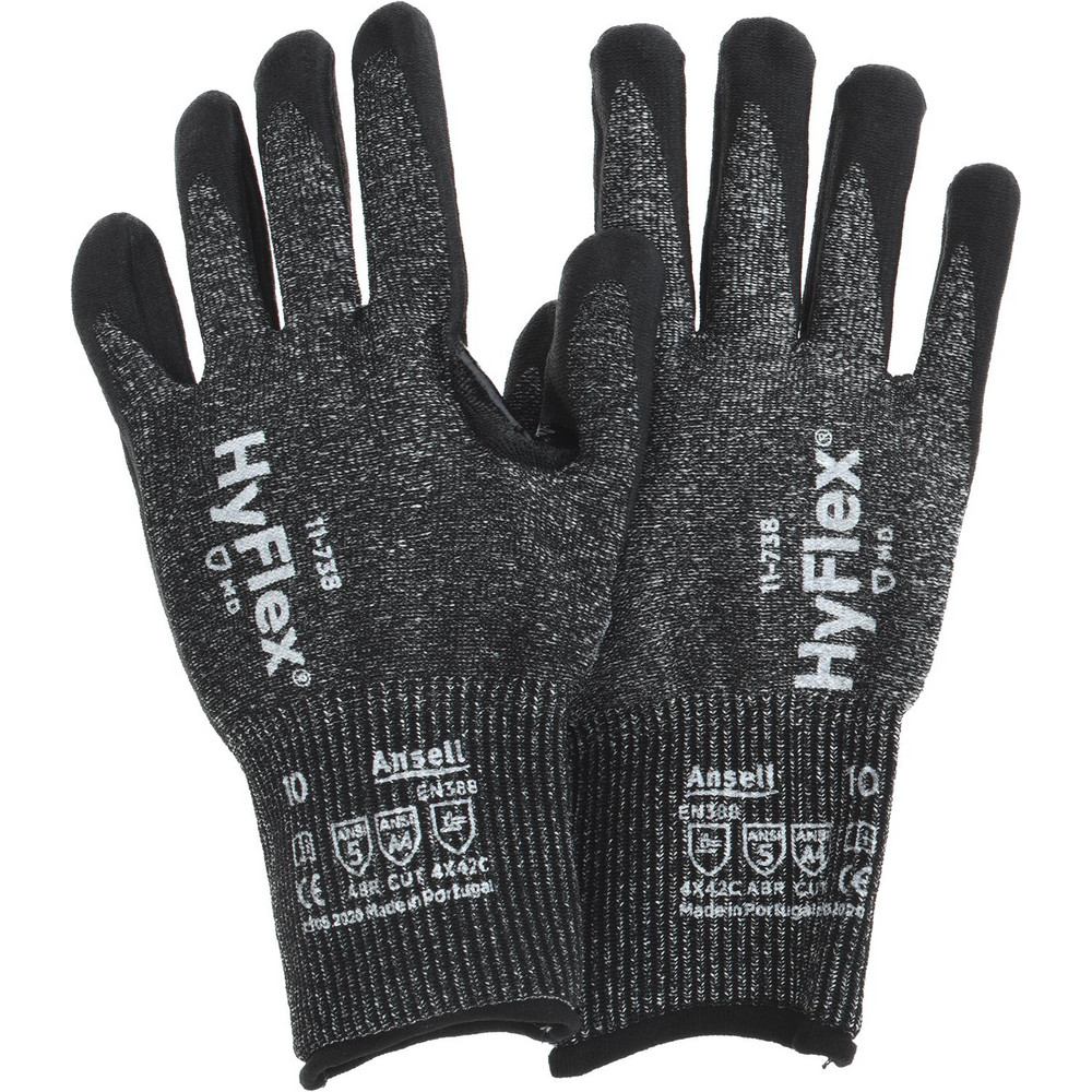 Cut, Puncture & Abrasion-Resistant Gloves: HyFlex® 11-738, Cut A4, Puncture 4, Abrasion 5, 13 ga, Size X-Large, 10-1/2" Long - Fiberglass, HPPE, Polyester & Spandex, Waterbased Polyurethane-Coated, Palm Coating, Smooth Grip, Black on Gray Pair