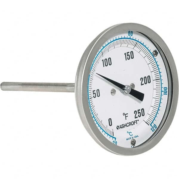 Ashcroft 30EI60R060 Bimetal Dial Thermometer: 0 to 250 ° F, 3" Dial Dia, 6" Stem Length 