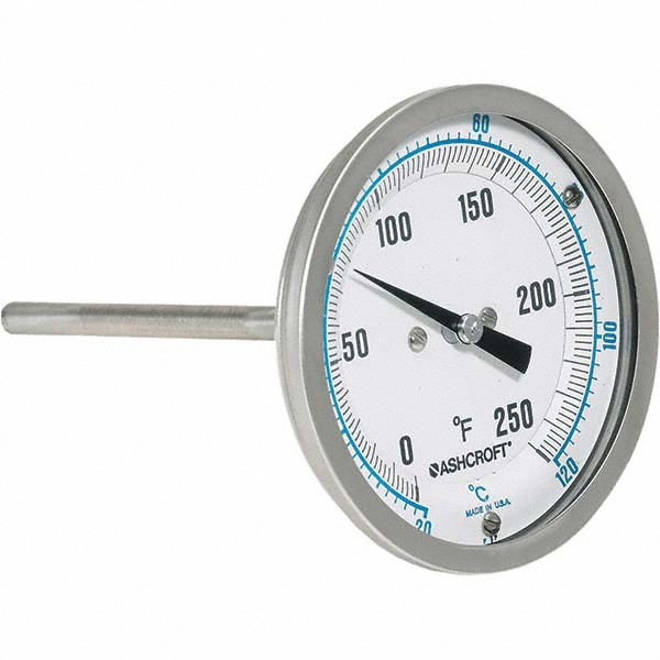 Bimetal Dial Thermometer: 3" Dial Dia, 6" Stem Length - Back Connected Mount, Back Connection