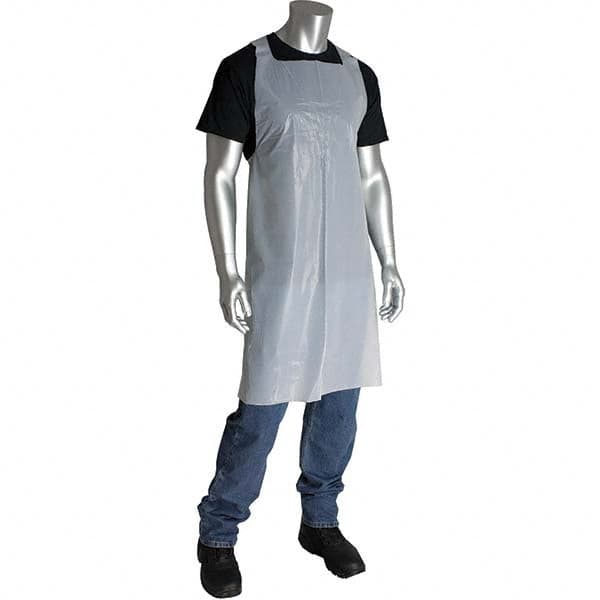 Chemical Resistant Bib Apron: Chemical-Resistant Grease-Resistant & Oil-Resistant, 28 x 46", 1 mil Thick, White, Die Cut Edge & Dispenser Packed