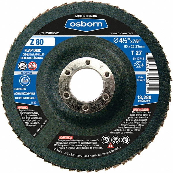 Photos - Abrasive Wheel / Belt Osborn Flap Disc: 4-1/2" Dia, 7/8" Hole, Zirconia Alumina, Type 27 - Coated, Medium Grade, Fiberglass-Backed, 13280 Max RPM 
