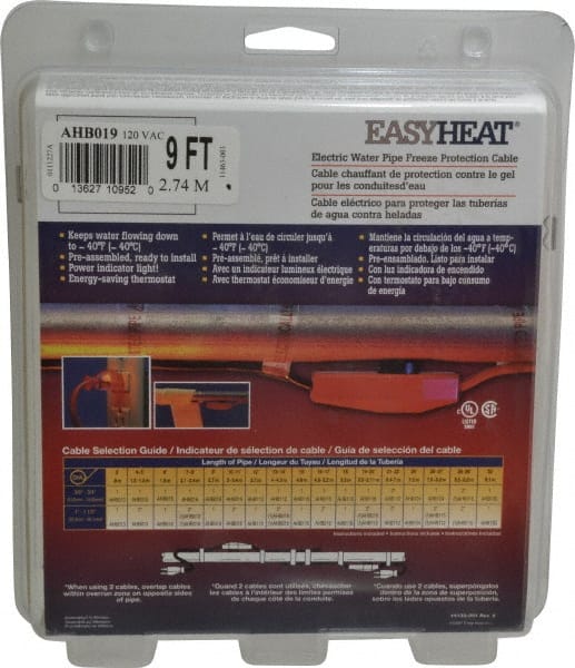 EasyHeat AHB019A 9 Long, Preassembled, Fixed Length, Fixed Wattage, Protection Heat Cable 
