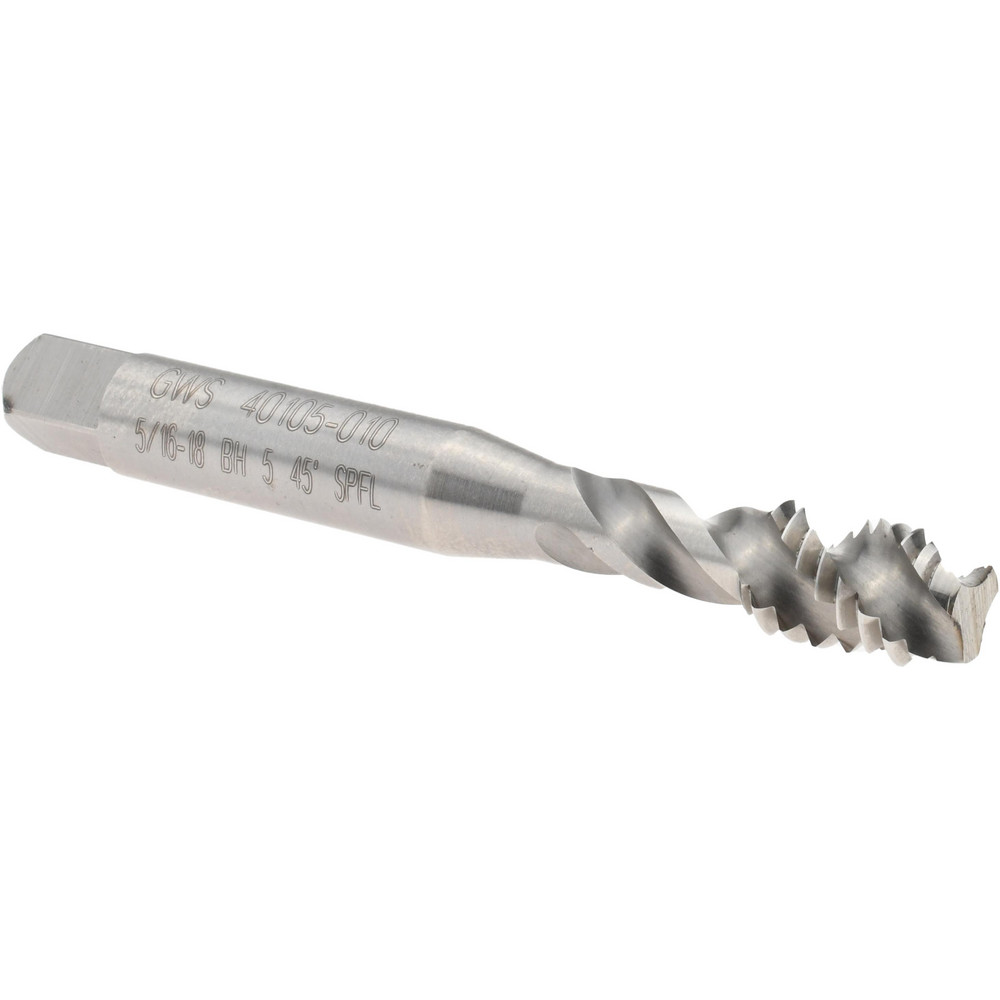 Spiral Flute Tap: 5/16-18 UNC, 3 Flutes, Modified Bottoming, 2B Class of Fit, Powdered Metal, Bright/Uncoated
