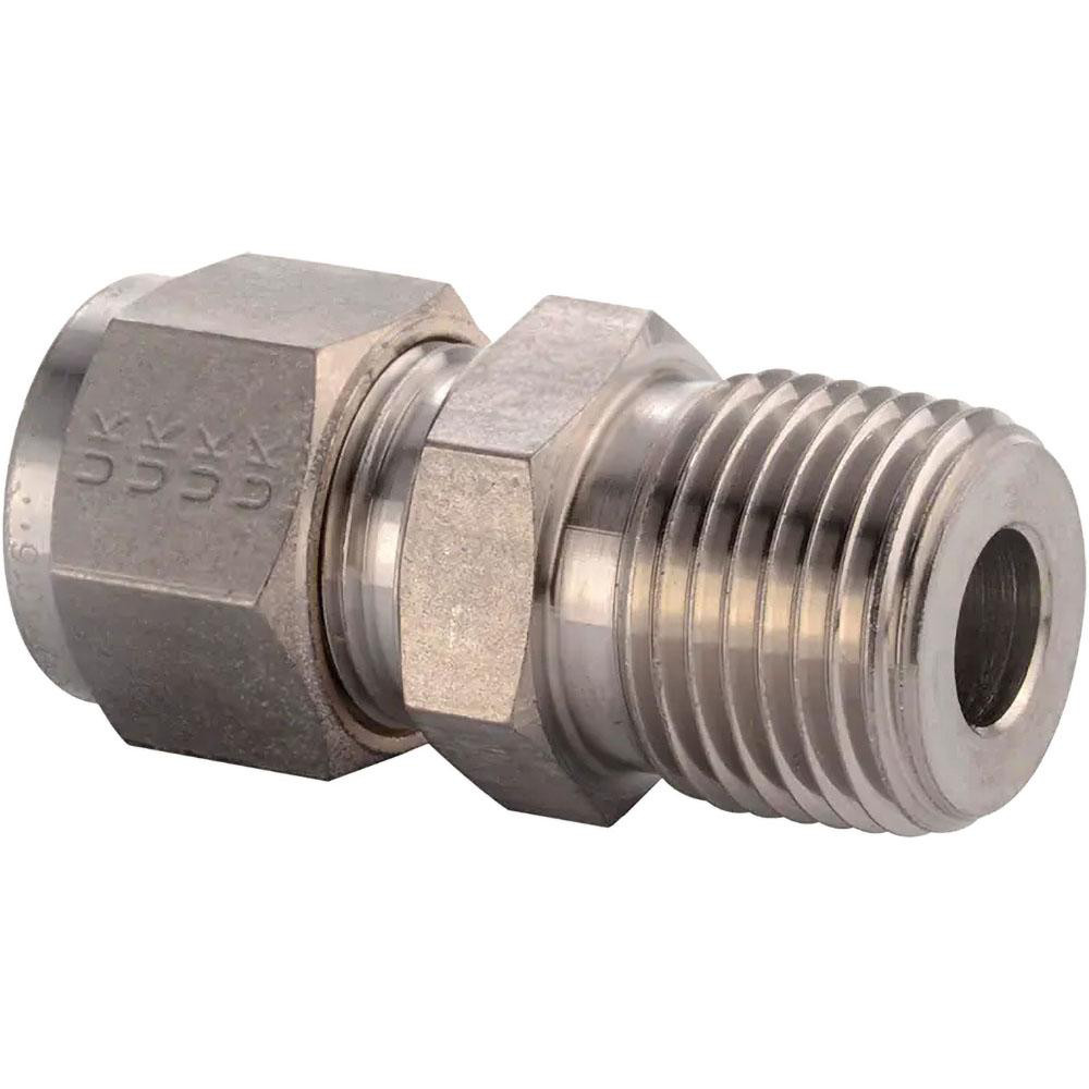Compression Tube Connector: 3/8-18, 1/4" Tube OD, Compression x MNPT - Stainless Steel
