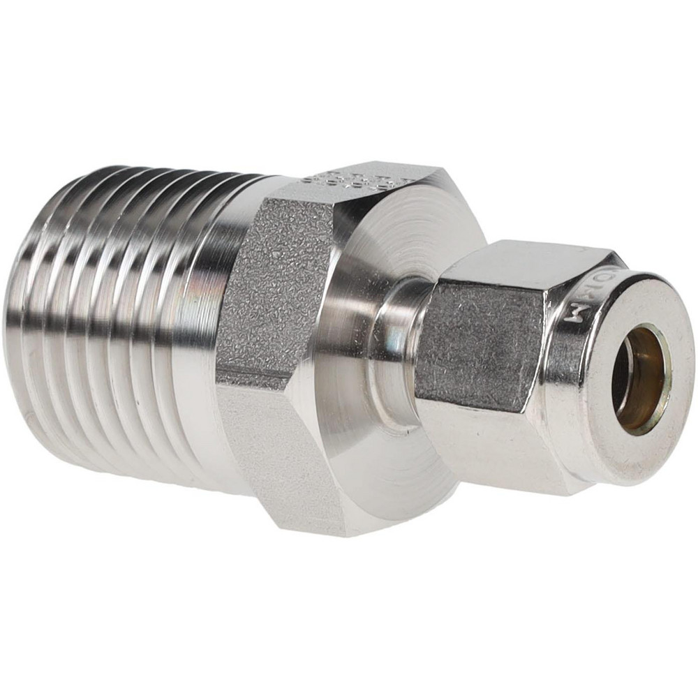 Compression Tube Connector: 1/2-14, 1/4" Tube OD, Compression x MNPT - Stainless Steel
