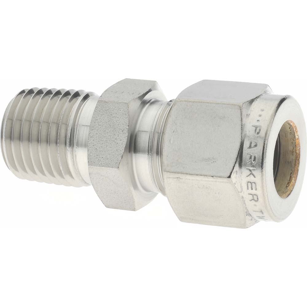 Compression Tube Connector: 1/4-18, 3/8" Tube OD, Compression x MNPT - Stainless Steel