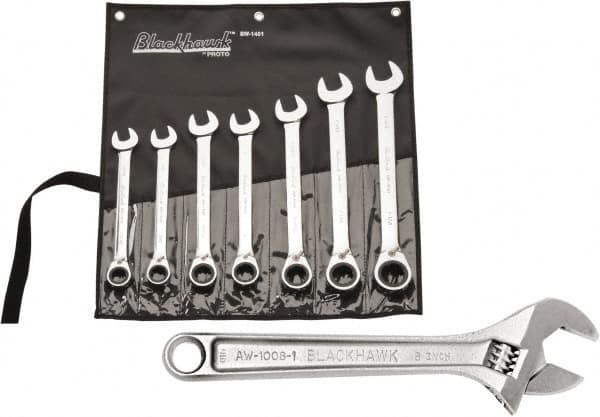 Adjustable Wrench & Combination Wrench Set: 8 Pc, Inch