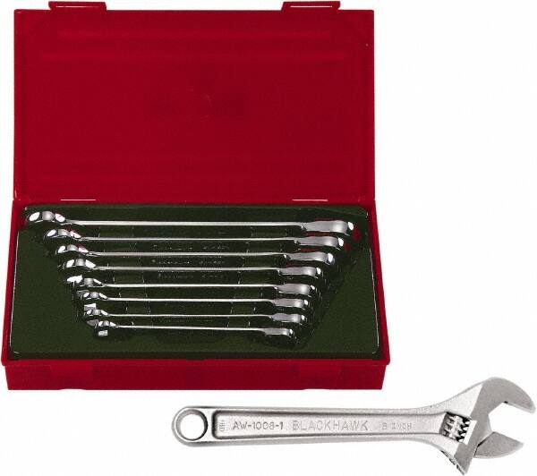 Adjustable Wrench & Combination Wrench Set: 9 Pc, 1/2" 11/16" 3/4" 3/8" 5/16" 5/8" 7/16" & 9/16" Wrench, Inch
