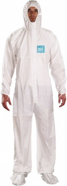 Disposable Coveralls: Chemical & Liquid, Size X-Large, 1.8600 oz, Polyethylene, Two Way Zipper & Stormflaps Closure