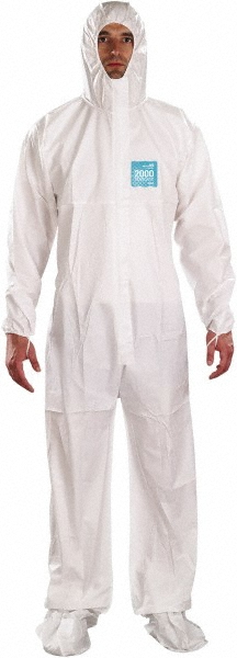 Non-Disposable Rain & Chemical-Resistant Coveralls: Size Large, White, Film Laminate - Zipper Closure, Elastic Cuff, Elastic Ankle