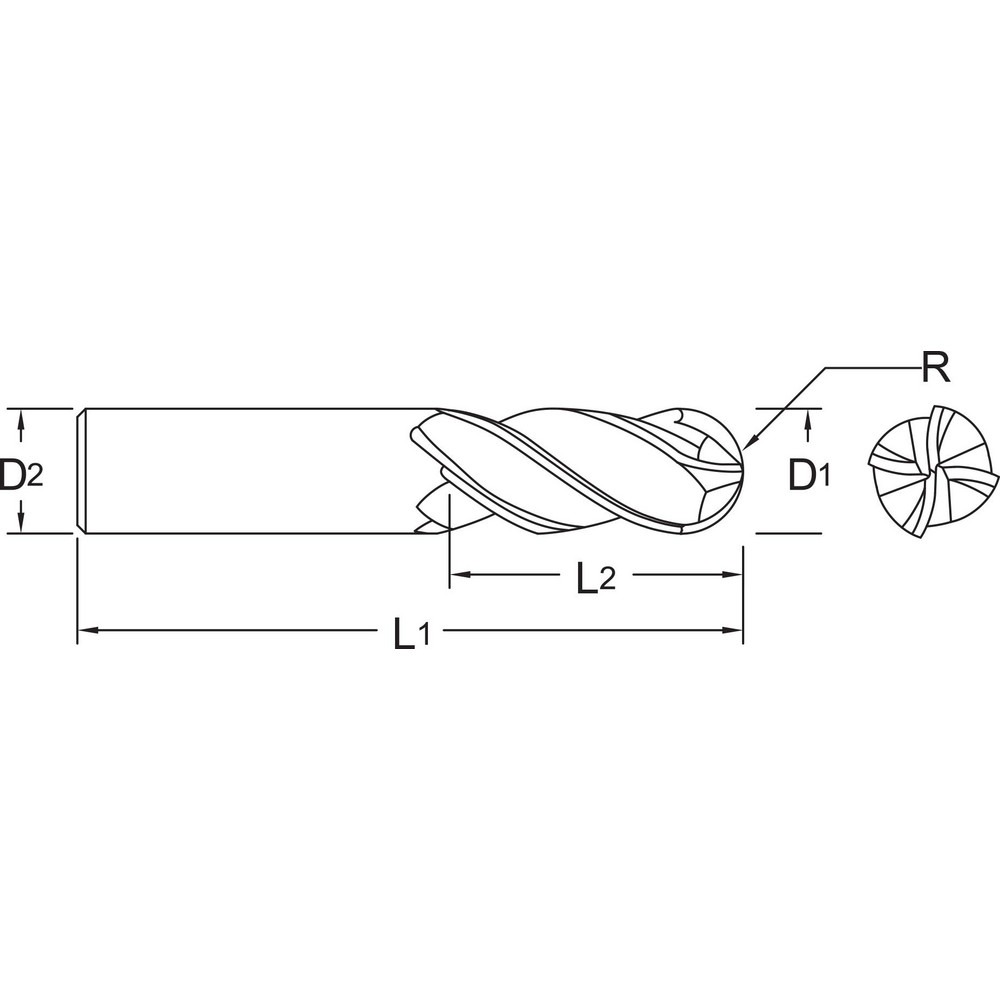 M.A. Ford? Ball End Mill 0.6299" Dia, 1.26" LOC, 4 Flute, Solid