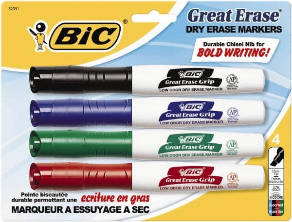 Bic Great Erase Grip Dry Erase Markers, Fine Point, Assorted - 4 markers