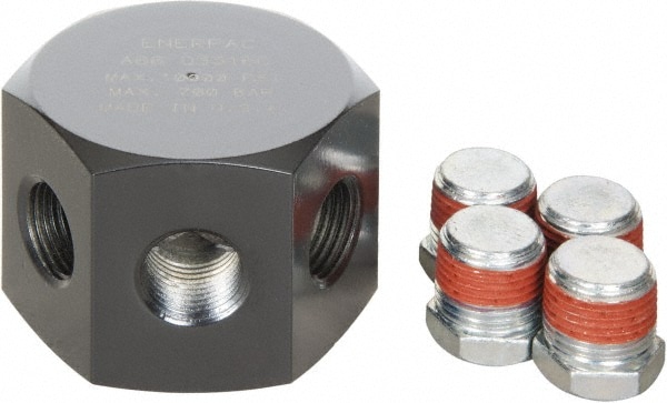 Manifold: 3/8" Inlet, 3/8" Outlet, 6 Inlet Ports, 6 Outlet Ports, 2.3" OAL, 2" OAW, 1.63" OAH