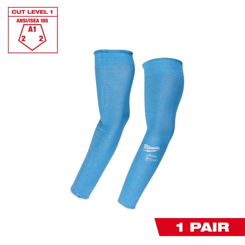 Milwaukee Tool | Milwaukee Cut-Resistant Sleeves: Nylon, Spandex & Polyester, Blue, ANSI Cut A1 - Continuous Knit Cuff Closure, Seamless, Light Cut
