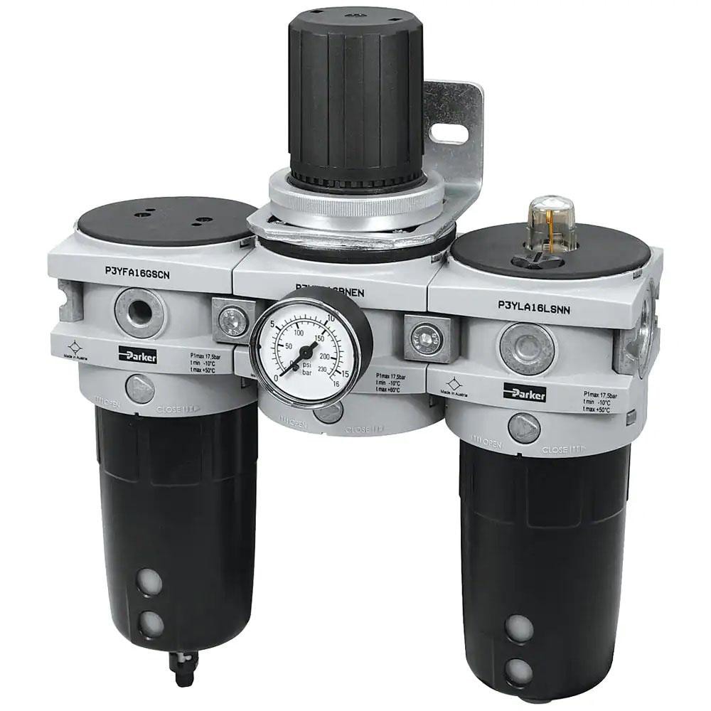 Parker P3YCA98SECNFLNF FRL Combination Unit: 1 NPT, Heavy-Duty, 2 Pc Filter/Regulator-Lubricator with Pressure Gauge 