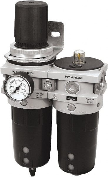 Parker P3YCA96SECNFLNF FRL Combination Unit: 3/4 NPT, Heavy-Duty, 2 Pc Filter/Regulator-Lubricator with Pressure Gauge 
