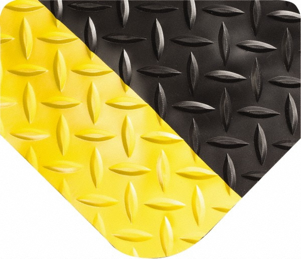 Anti-Fatigue Mat: 6' Long, 3' Wide, 1 Thick, Vinyl, Beveled Edges, Medium-Duty - Diamond Plate Surface, Black & Yellow, for Dry Areas