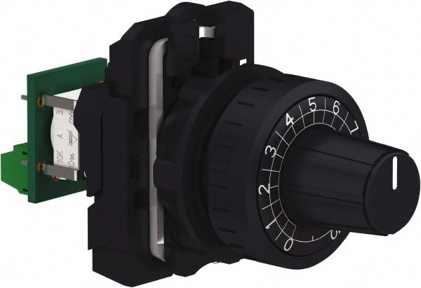 Schneider Electric XB5AD912R10K Potentiometers; Resistance (Ohms): 10000 ; Operator Type: Knob ; Wattage: 1 ; Mounting Hole Diameter (mm): 22 ; NEMA Rating: 4 ; Standards Met: EN/IEC 60947-1; EN/IEC 60947-5-1; UL508; UL; CSA; CSA C22-2 Image