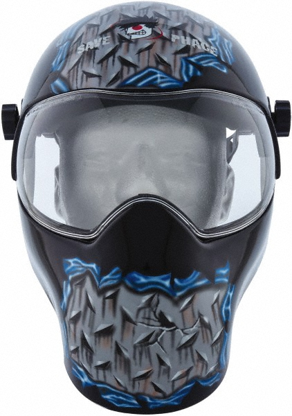 Welding Helmet: Gray, Black & Blue, Nylon, Non-Adjustable Adjustment - 11.0000" Window Width, 3.7500" Window Height, Fixed Front