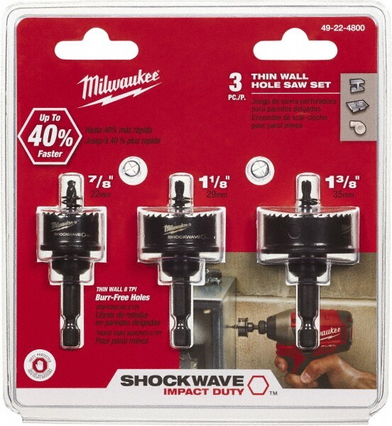Impact Rated Hole Saw Kit: 3 Pc, 7/8 to 1-3/8" Dia