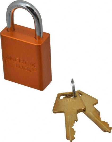 American Lock A1105KAORJ37325 Lockout Padlock: Keyed Alike, Aluminum, 1" High, Steel Shackle, Orange 