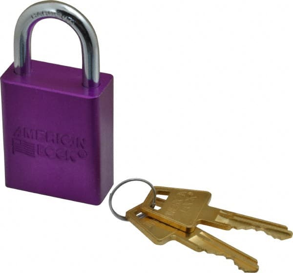Lockout Padlock: Keyed Different, Aluminum, 1" High, Steel Shackle, Purple