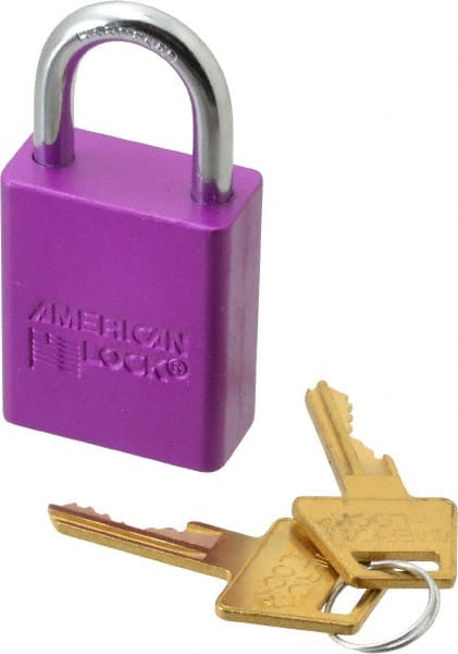 American Lock A1105KAPRP27532 Lockout Padlock: Keyed Alike, Aluminum, 1" High, Steel Shackle, Purple 