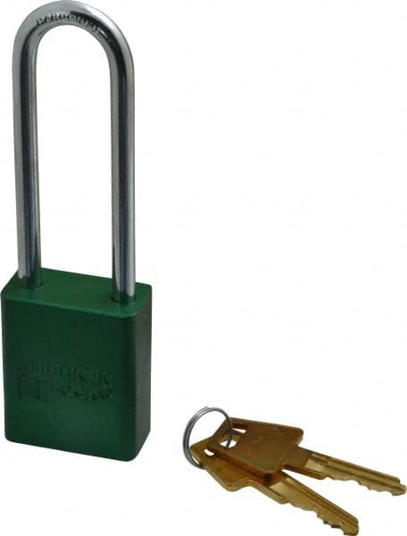 American Lock A1107KAGRN27436 Lockout Padlock: Keyed Alike, Aluminum, 3" High, Steel Shackle, Green 