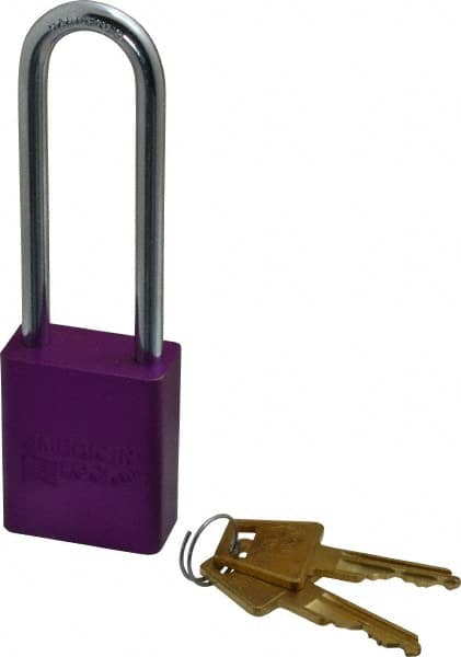 American Lock A1107KAPRP38538 Lockout Padlock: Keyed Alike, Aluminum, 3" High, Steel Shackle, Purple 