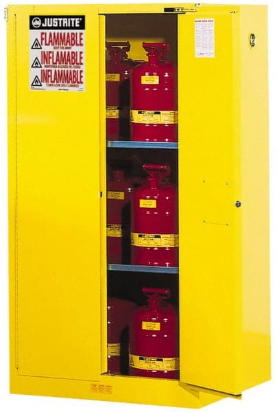 Justrite. 896020 Standard Cabinet: Manual Closing & Self-Closing, 2 Shelves, Yellow 