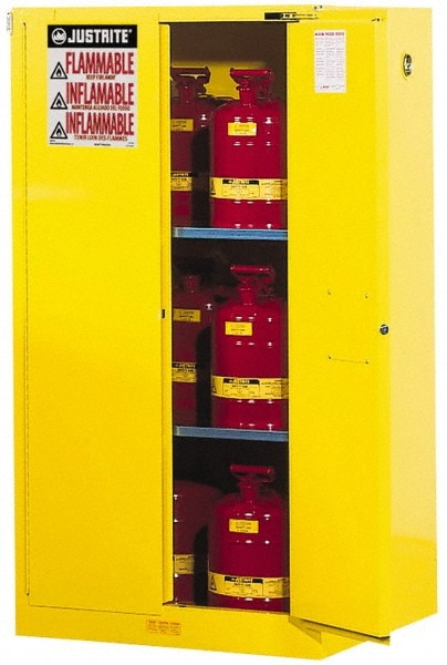 Justrite. 896020 Standard Cabinet: Manual Closing & Self-Closing, 2 Shelves, Yellow Image